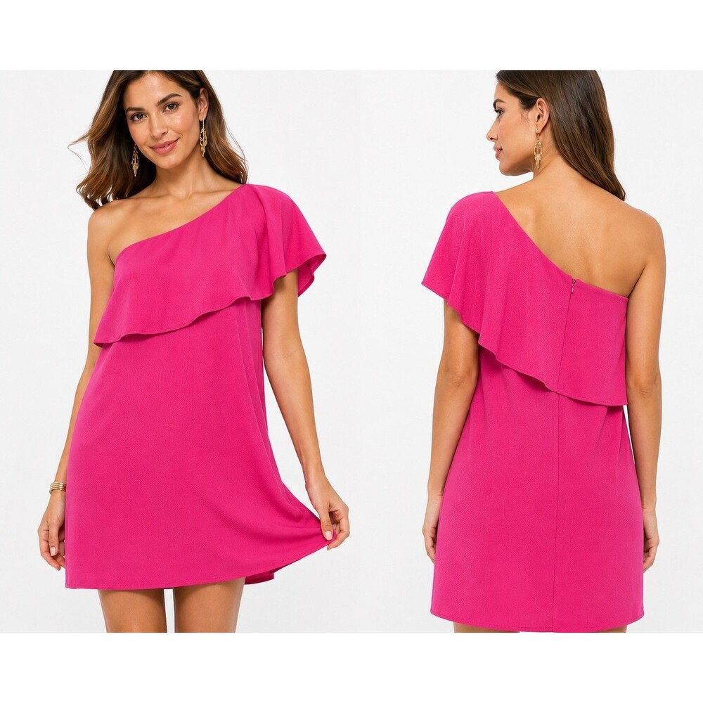 Charles Henry One Shoulder Dress Pink Ruffle Cocktail Barbiecore XS NWT